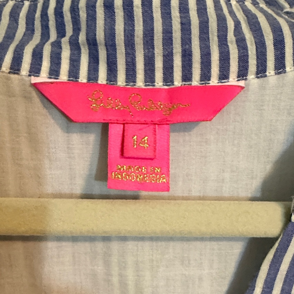 Lilly Pulitzer Tassie Puffed Sleeve Blue & White Stripe Cotton Dress Size 14 - Picture 2 of 7